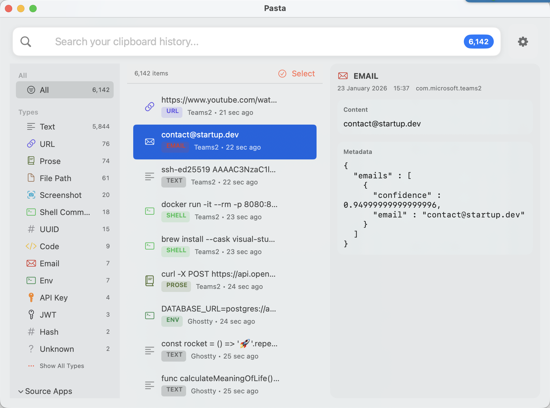 Pasta app showing clipboard history with smart content detection